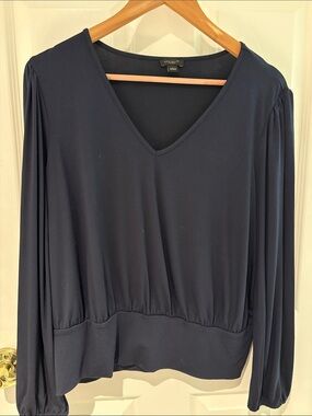 Ann Taylor Factory Navy V-Neck Long Sleeve Blouson Top with Gathered Shoulders
